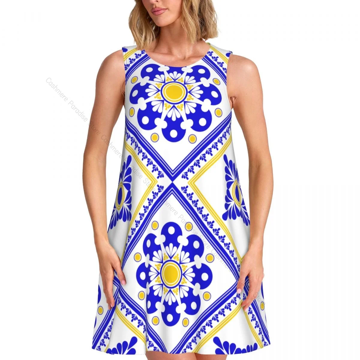 Women's Dress Blue And White Pattern Summer Casual T Shirt Dresses Beach Cover up Tank Dress