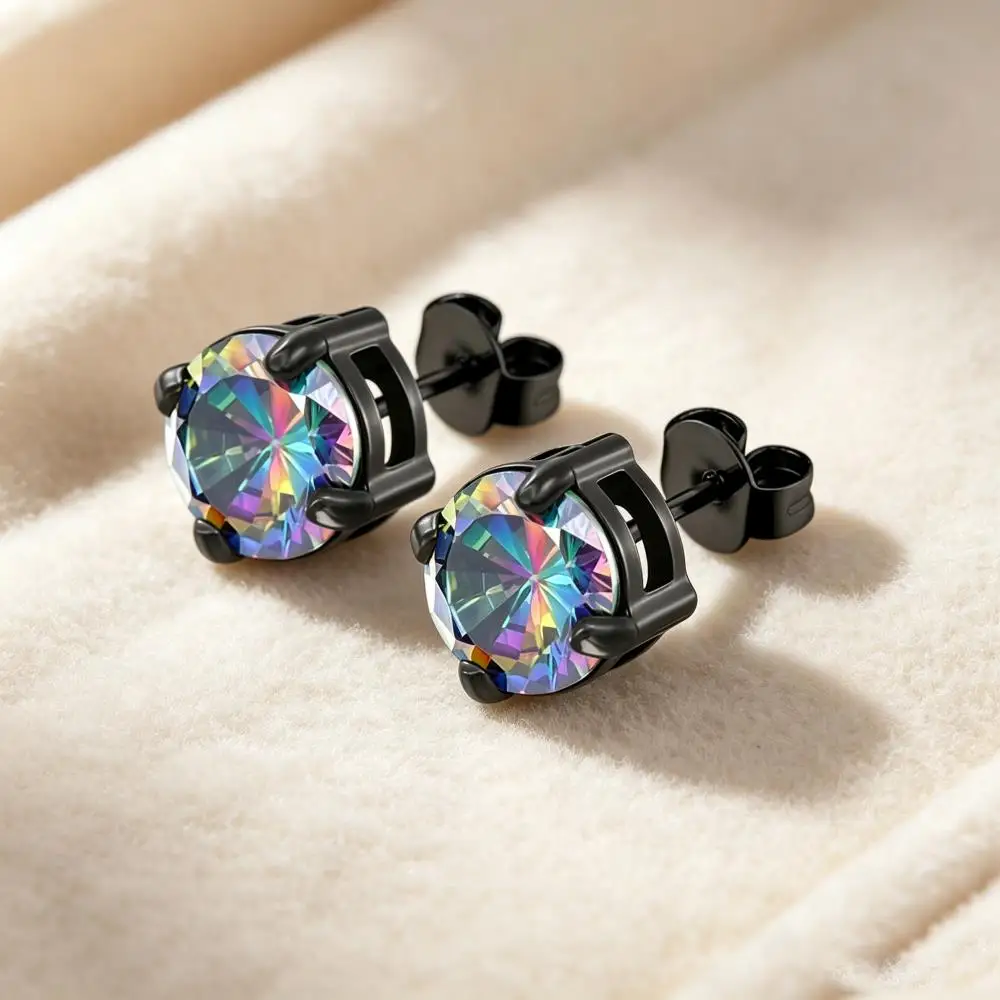 4/5/6/8MM Round Stainless Steel Stud Earrings For Women Men Rainbow Zircon Female Male Stacking Small Ear Bone Studs Jewelry