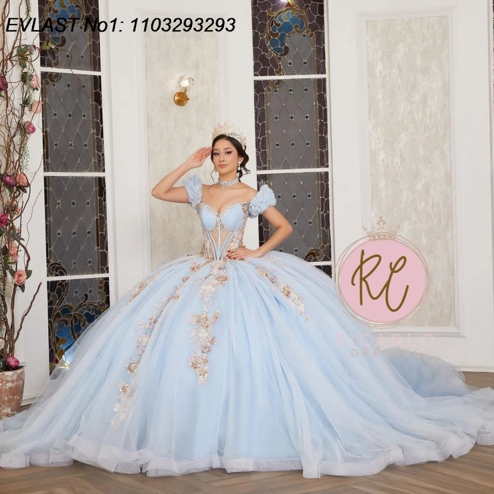 EVLAST Customized Glitter Baby Blue Ball Gown Quinceanera Dress Lace Applique Beading Corset Sweet 16 Vestidos De 15 Anos E1Q901