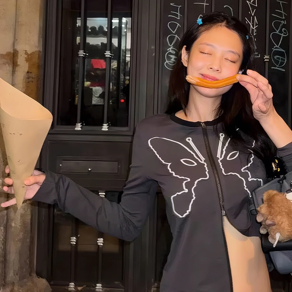 เสื้อโค้ทลายผีเสื้อ SylCue สำหรับผู้หญิง แฟชั่นฤดูใบไม้ร่วง เสื้อคลุมซิปแขนยาว โชว์เอว สไตล์ลำลอง แฟชั่นเรียบง่าย เหมาะสำหรับใส่ทุกวัน