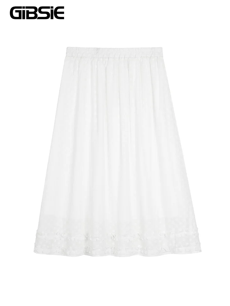 

GIBSIE Plus Size Korean swiss dot white lace long skirts Women fashion high elastic waist sweet big swing a-line skirt