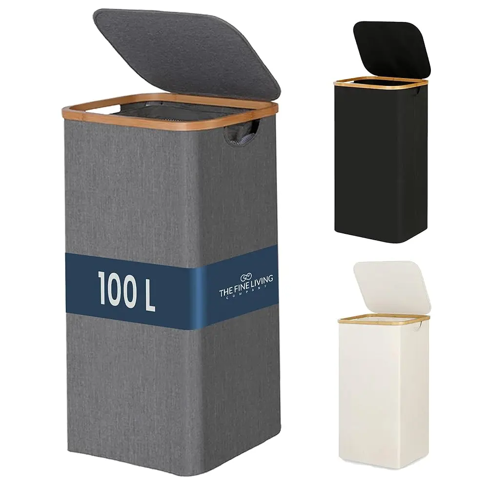 

Корзина для белья Fine Living 100 л с крышкой, узкая складная корзина для грязного белья с бамбуковыми ручками, высокая и тонкая корзина для белья