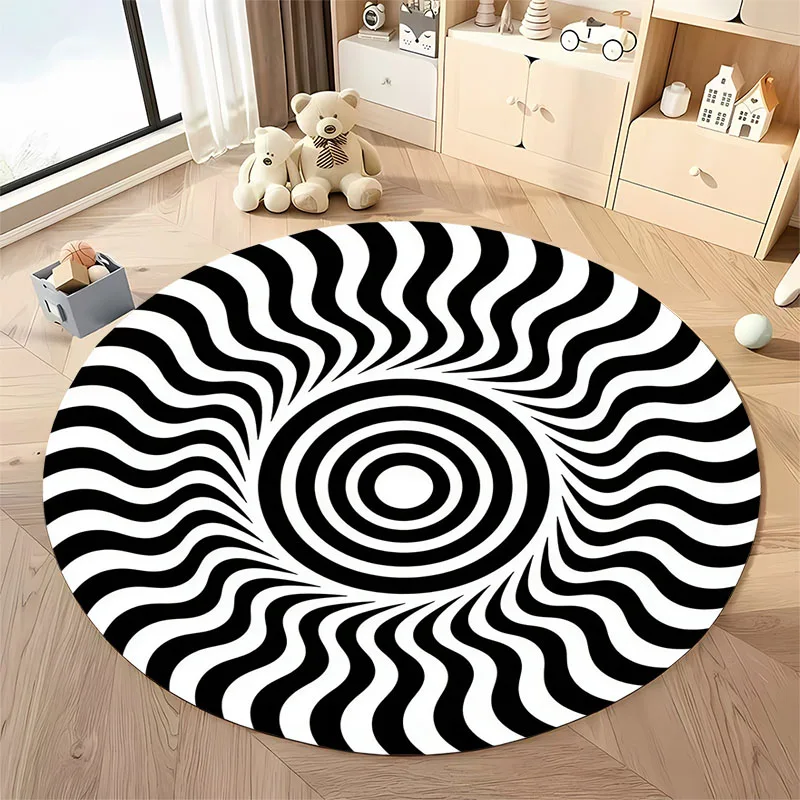 Tapis à illusion d'optique noir et blanc fascinant, parfait pour les salons ou les studios modernes, tapis rond pour la maison, le canapé ou la chambre.