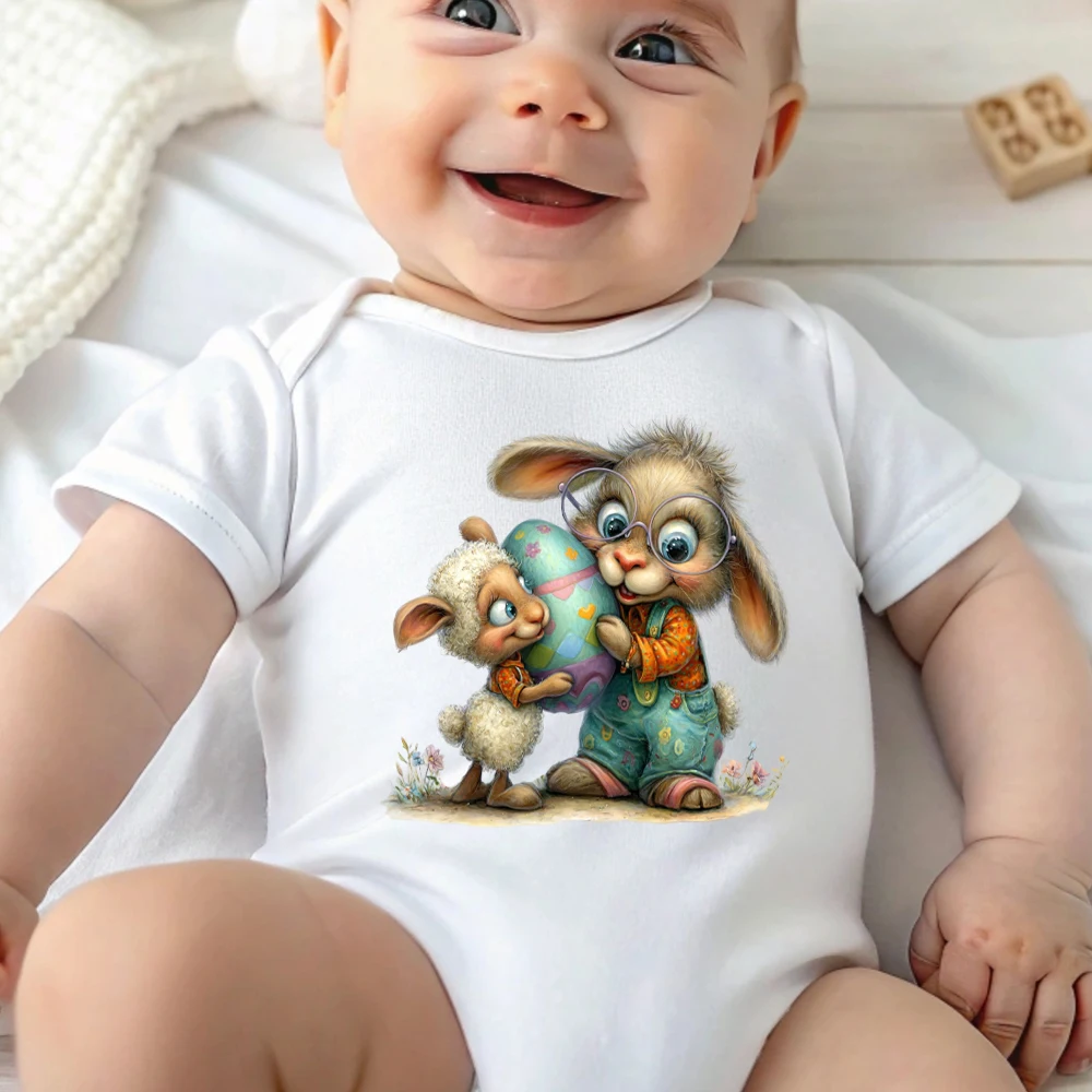 

Боди из 100% хлопка с принтом «Ретро-кролик и овечка» к Пасхе, удобный комбинезон для малышей от 0 до 12 месяцев, для новорожденных