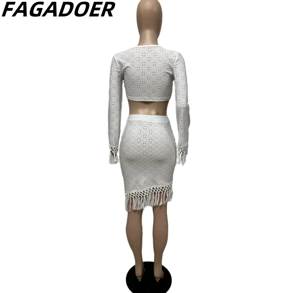 FAGADOER-Conjunto de dos piezas para mujer, Top corto de manga larga con escote en V profundo, falda con borlas irregulares, Color sólido, Sexy