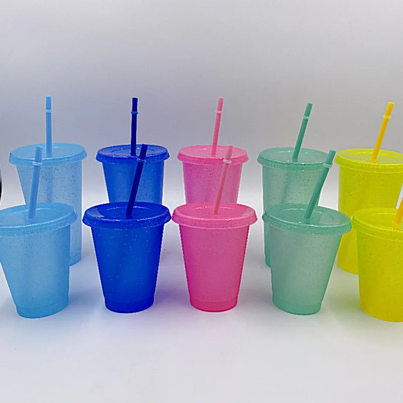 Reusable Flash Powder Straws Cup with Lid Drinking Water Bottles Hard  Plastic Outdoor Sport Coffee Mugs Leak Proof Drinkware