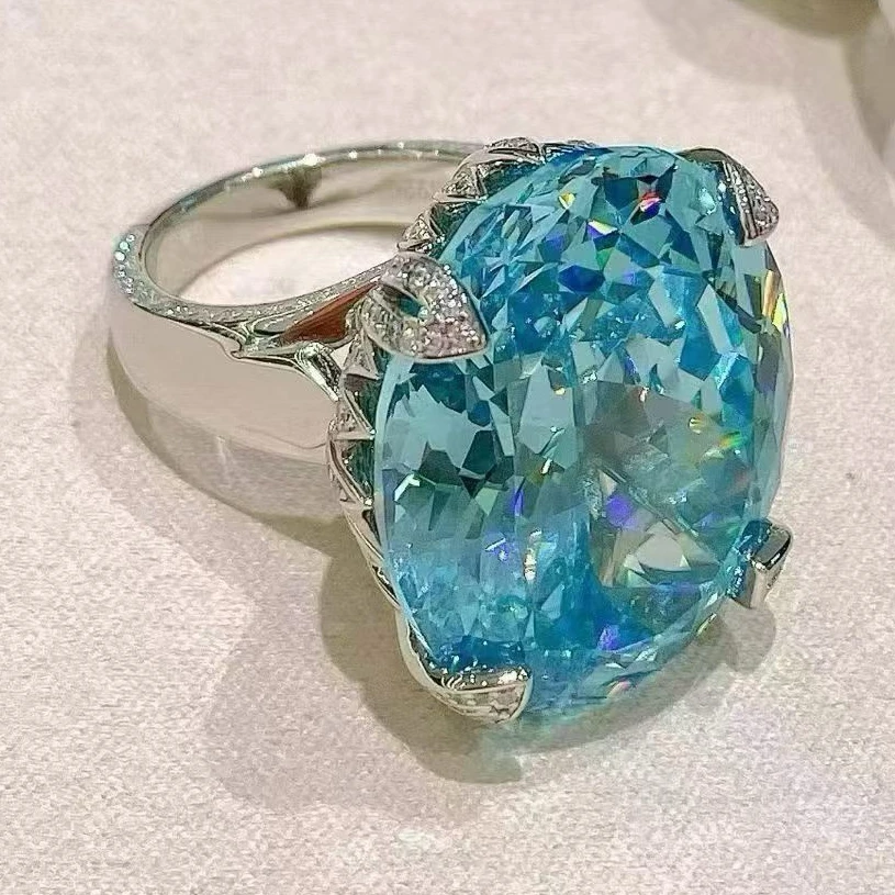 KQDANCE New 925 Sterling Silver Big Oval Egg Cut Sapphire Paraiba Topaz Blue High Carbon Diamonds Gemstone Ring Fine Jewelry