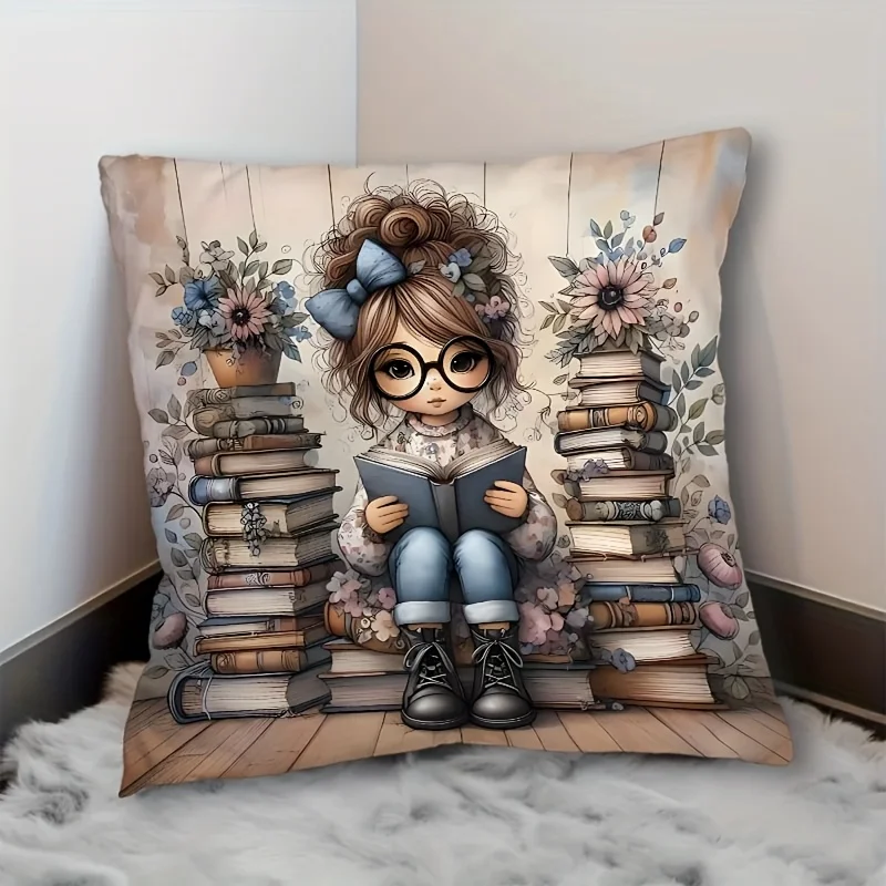 1pc Cartoon Reading Girl Themed Printed Throw Pillow Cover, Suitable for Sofa,Bedroom,Living Room,a Healing Gift for Book Lovers