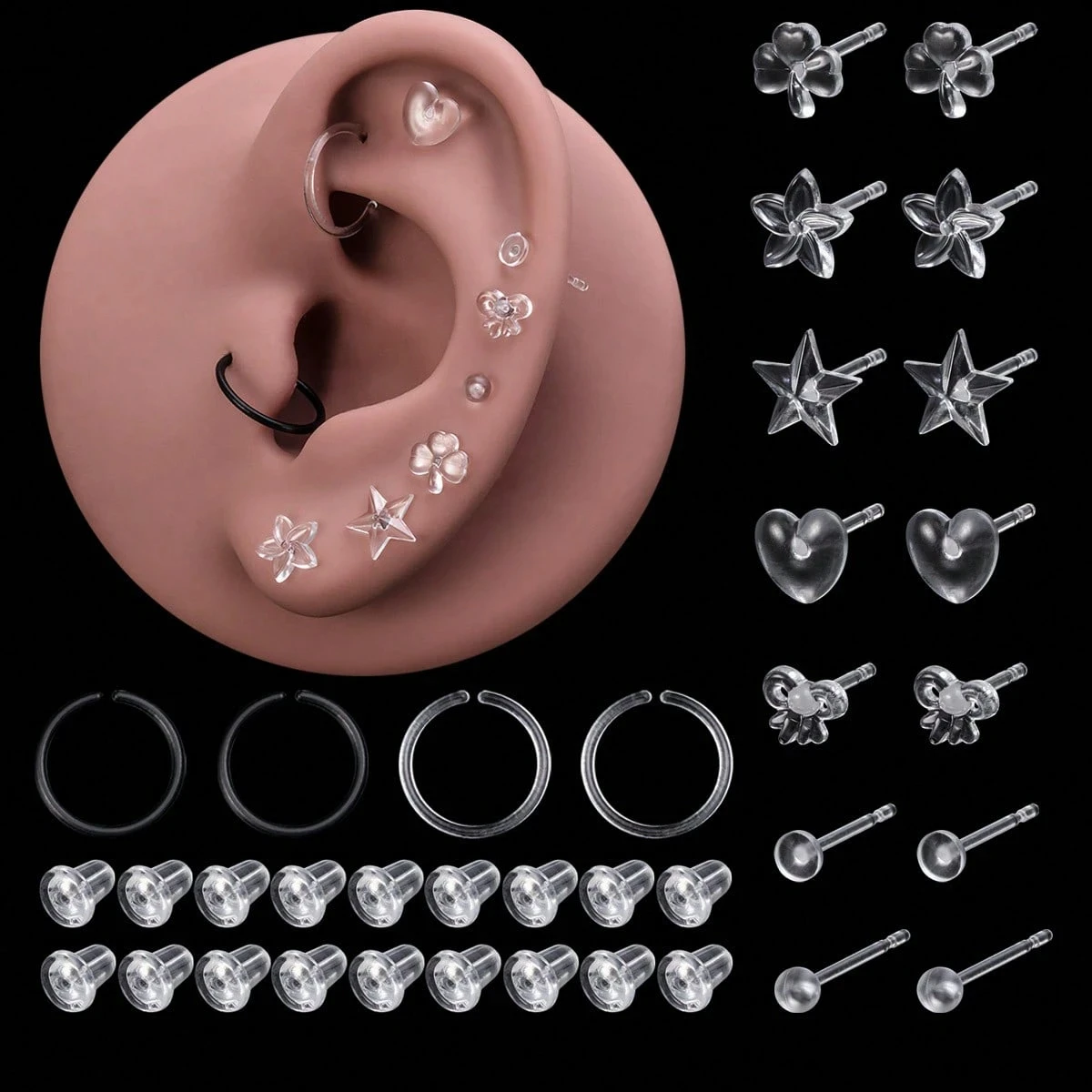9 Pairs/Set Simple Casual Heart Star Resin Ear Stud Tragus Cartilage Helix Stud Earrings Kawaii Clear Style for Women