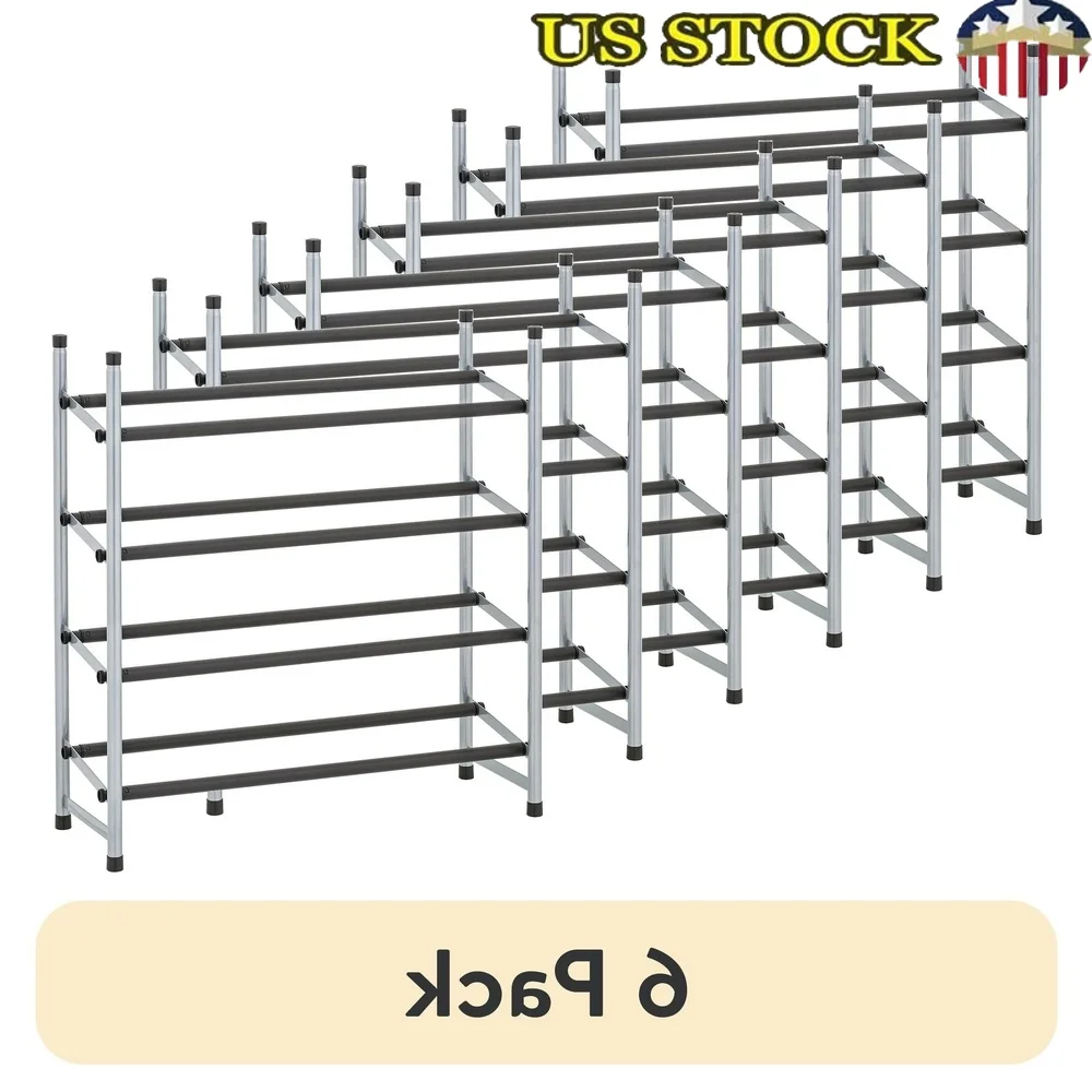 

(6 pack 4-Tier Expandable Shoe Rack Black Rod Steel Powder Coating Silver up to 20 Pairs 24.41-45.47" W x 9.06" D x 26.77" H