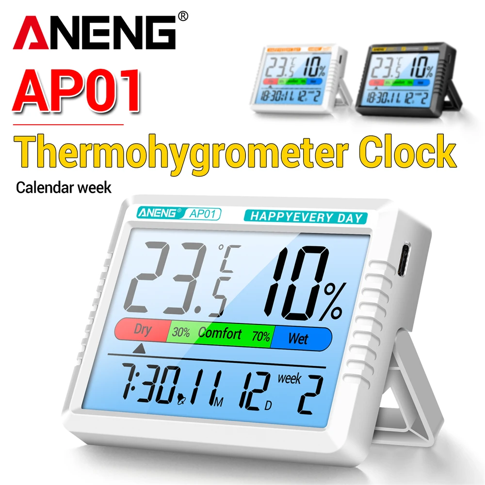 

ANENG AP01 Thermometer Electronic Hygrometer Rechargeable Clock High Definition Screen Digital Air Thermometer Hygrometer Tester