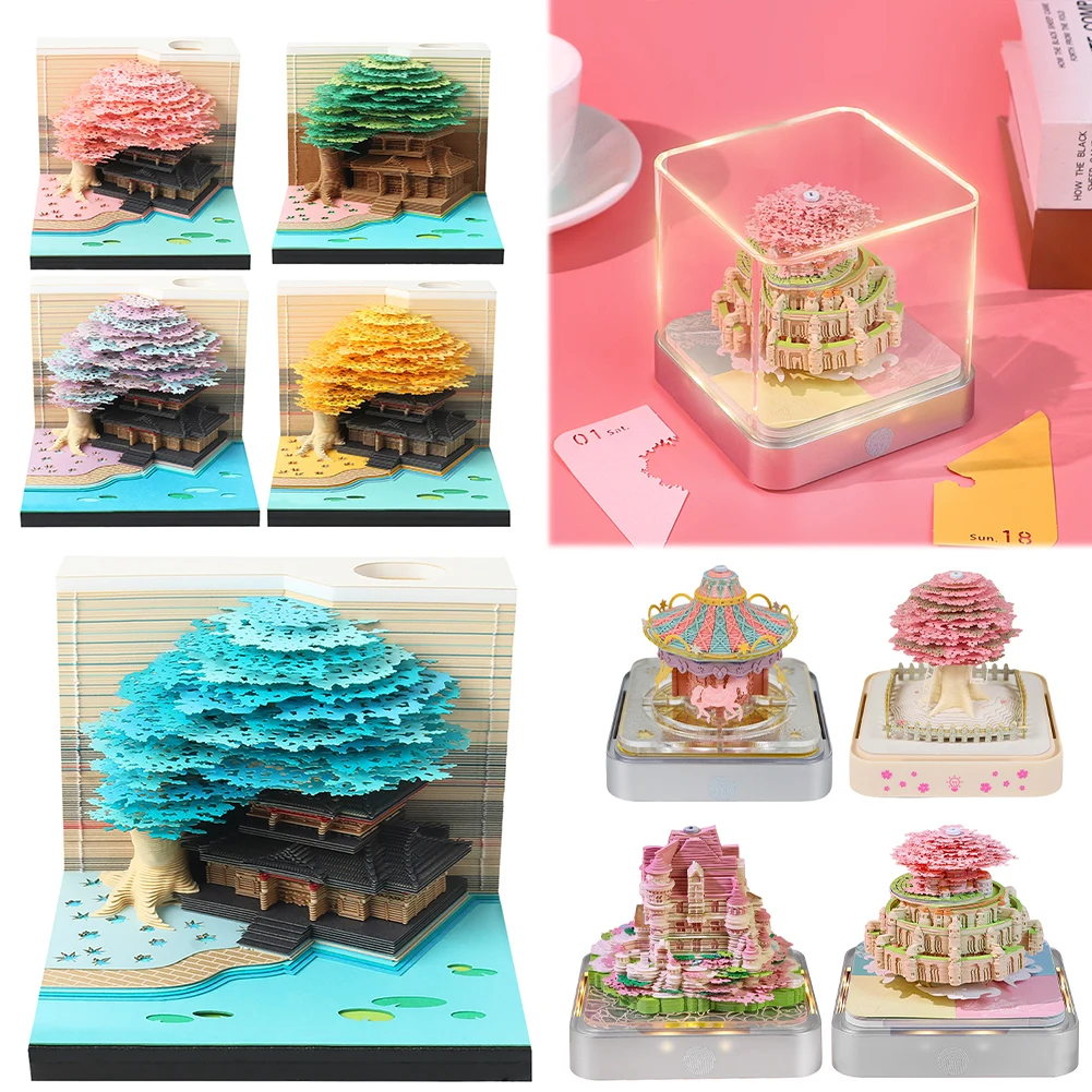 3D Desk Calendar 2025 Tear-Away 3D Paper Art Notepad with LED Light Paper Carving Calendar for House Sculpture Present