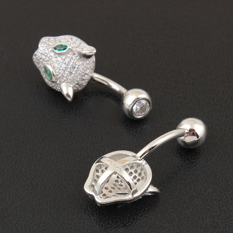 Belly Button Ring Real 925 Sterling Silver Leopard Head Body Jewelry S925 Zircon Clear Prevent Allergy Nickel Free Body Piercing
