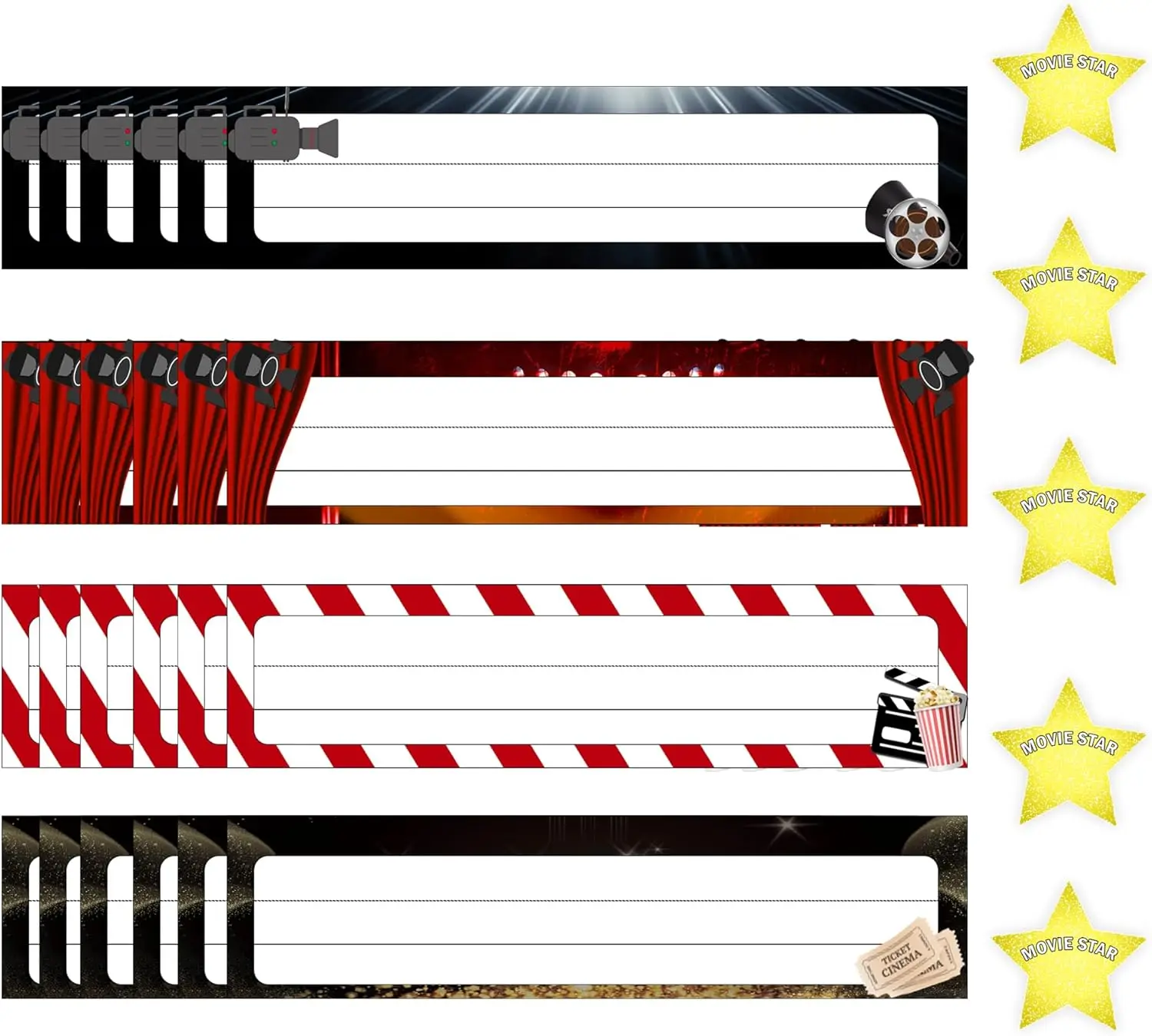 

Movie Theme Nameplates Decorations,Back to School Desk Nameplates with Star Cutouts Self Adhesive Decoration Nametags for Bullet