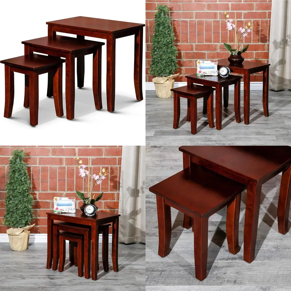 طقم طاولات متداخلة خشبية مكونة من 3 قطع لغرفة المعيشة - تصميم أنيق وقابل للتكديس