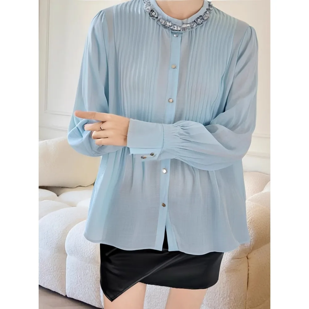 TWOTWINSTYLE Solid Spliced Diamonds Loose Blouses for Women O Neck Long Sleeve Temperament Shirt Female Fashion New