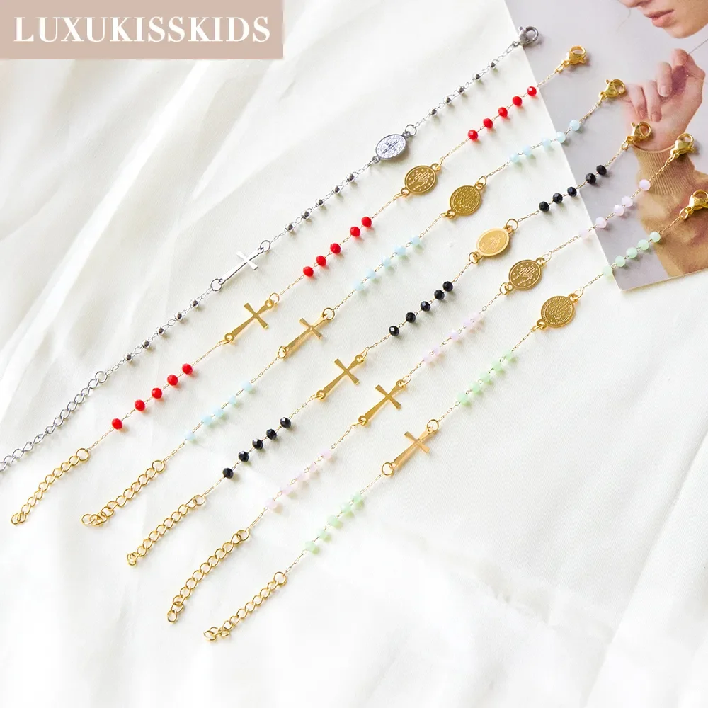 LUXUKISSKIDS Rosary Jesus Beads Bracelets Multicolor Stainless Steel Cross Christian Link Chain Enamel Prayer Hand Jewelry Gifts