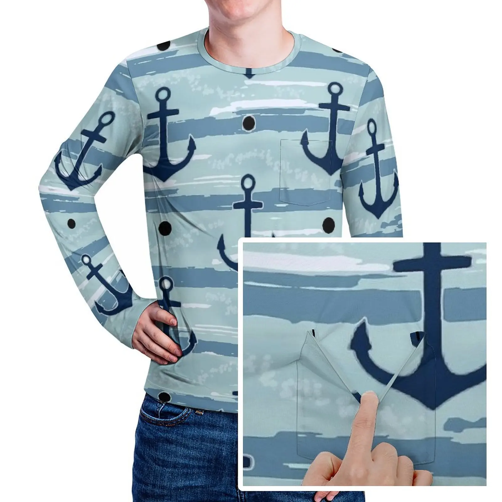 Nautical Anchor T Shirt  Cool T Shirts With Pocket Long Sleeve Custom Tops Autumn Essential Plus Size Clothing