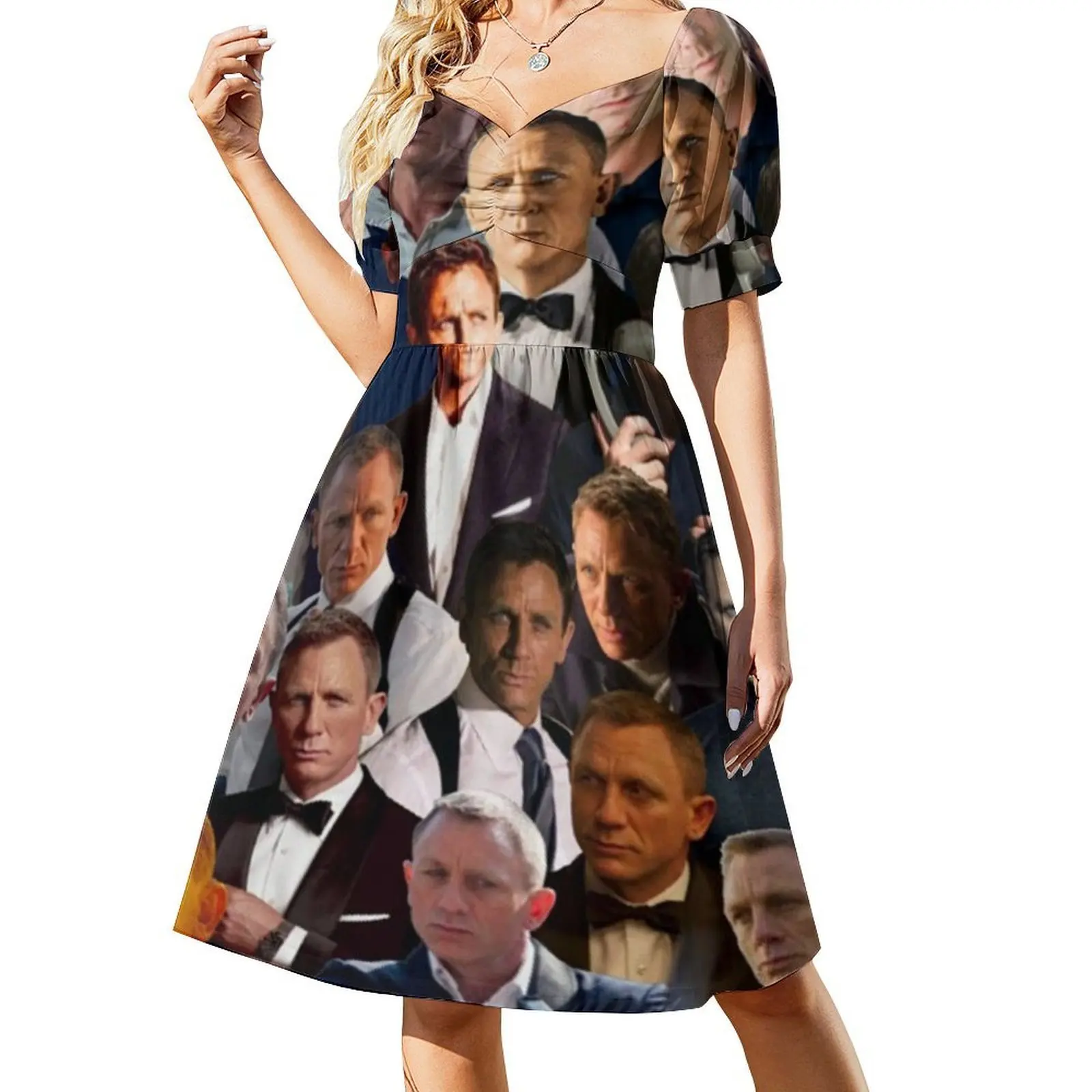 فستان دانيال كريج فوٹو كولاج بوهيمي بدون أكمام متعدد الطباعات لحفلات عطلة الشاطئ فستان دانيال كريج صور مجمعة #2