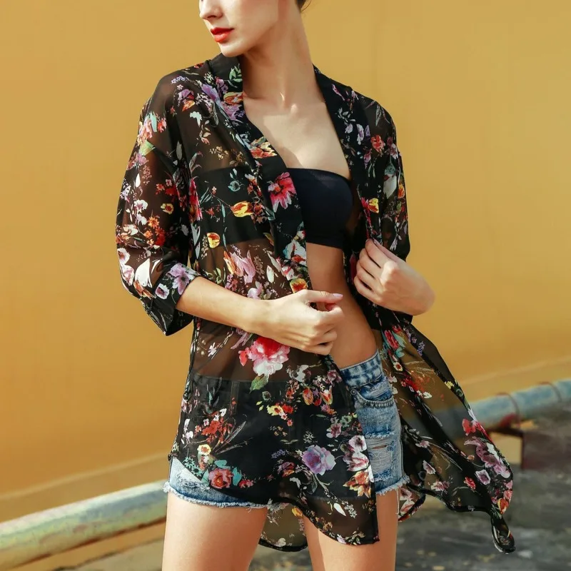 

Women Casual Vintage Kimono Cardigan Ladies 2022 Summer Long Crochet Chiffon Kimono Preto Loose Flora Printed Blouse Tops Black