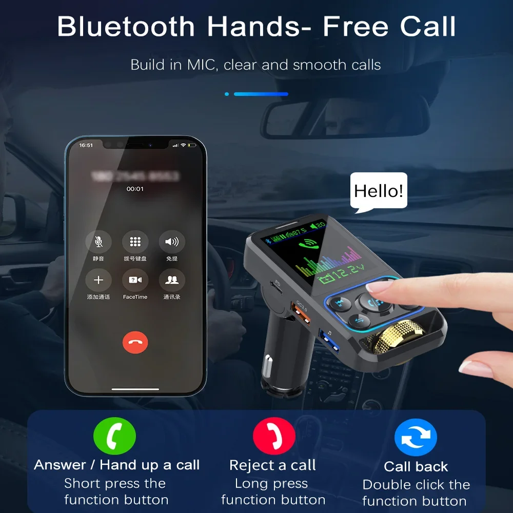 عرض ملون Bluetooth5.3 FM الارسال سيارة لاسلكية 12 فولت-24 فولت FM المغير مشغل Mp3 طقم السيارة يدوي QC3.0 شاحن سيارة