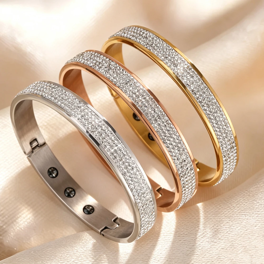 Yupsk 1pcs Crystal Rhinestone Inlaid Stainless Steel Bracelet for Women Gold Rose Gold Silver Color Trendy Stackable Jewelry Gif