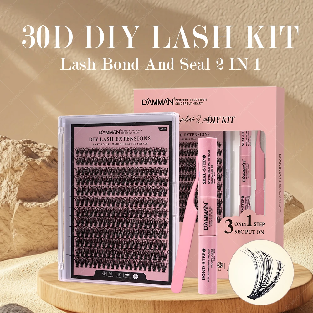 DAMMAN 30D Individual Cluster Lash Extensions Kit False Eyelash with Lash Bond and Seal and Tweezers DIY Lashes Set At Home