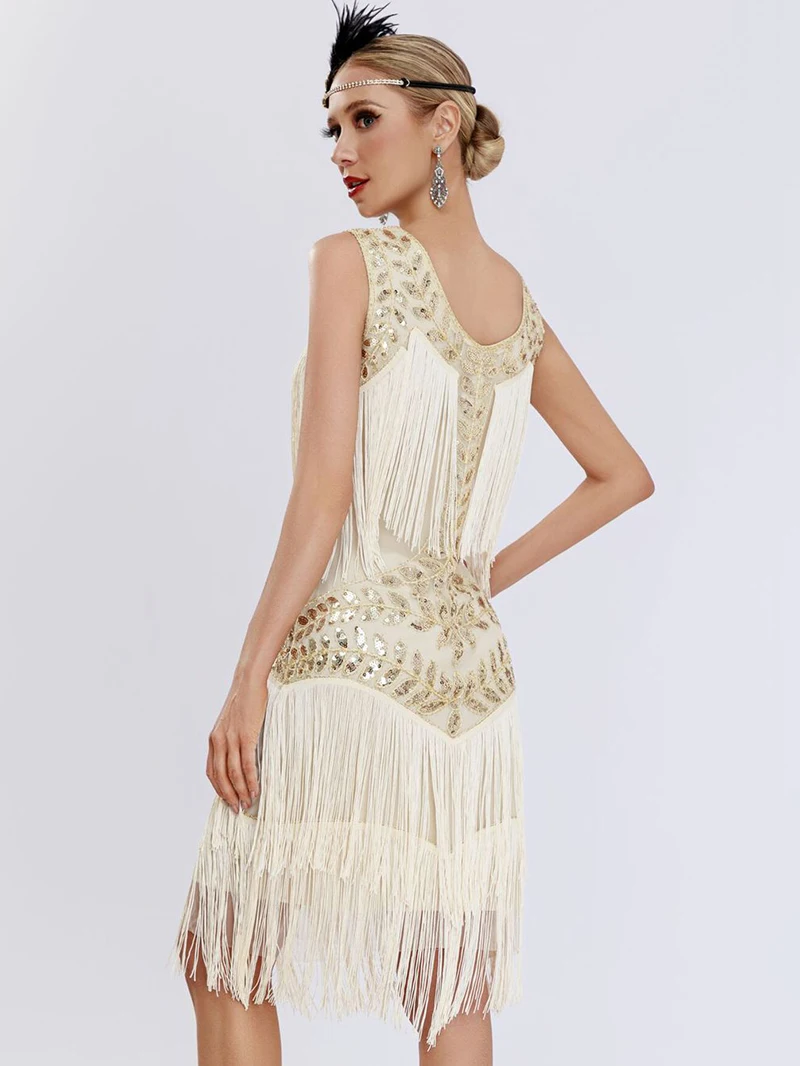 Women Fringe Belly Dancing Latin Dance Dress 1920s Tassels Retro Sequin Dress Fashion Party Clubwear Mid Length Evening Dress