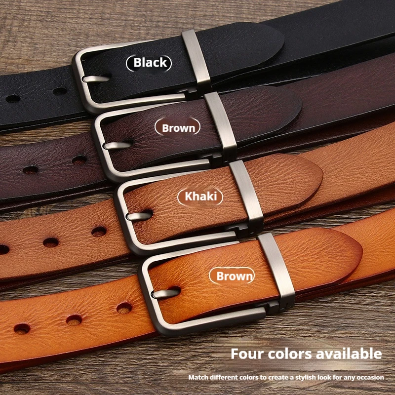 حزام رجالي من الجلد الأصلي كاجوال متعدد الاستخدامات مصنوع من خليط معدني بإبزيم على شكل دبوس وطبقة رأس وحزام جينز من جلد البقر
