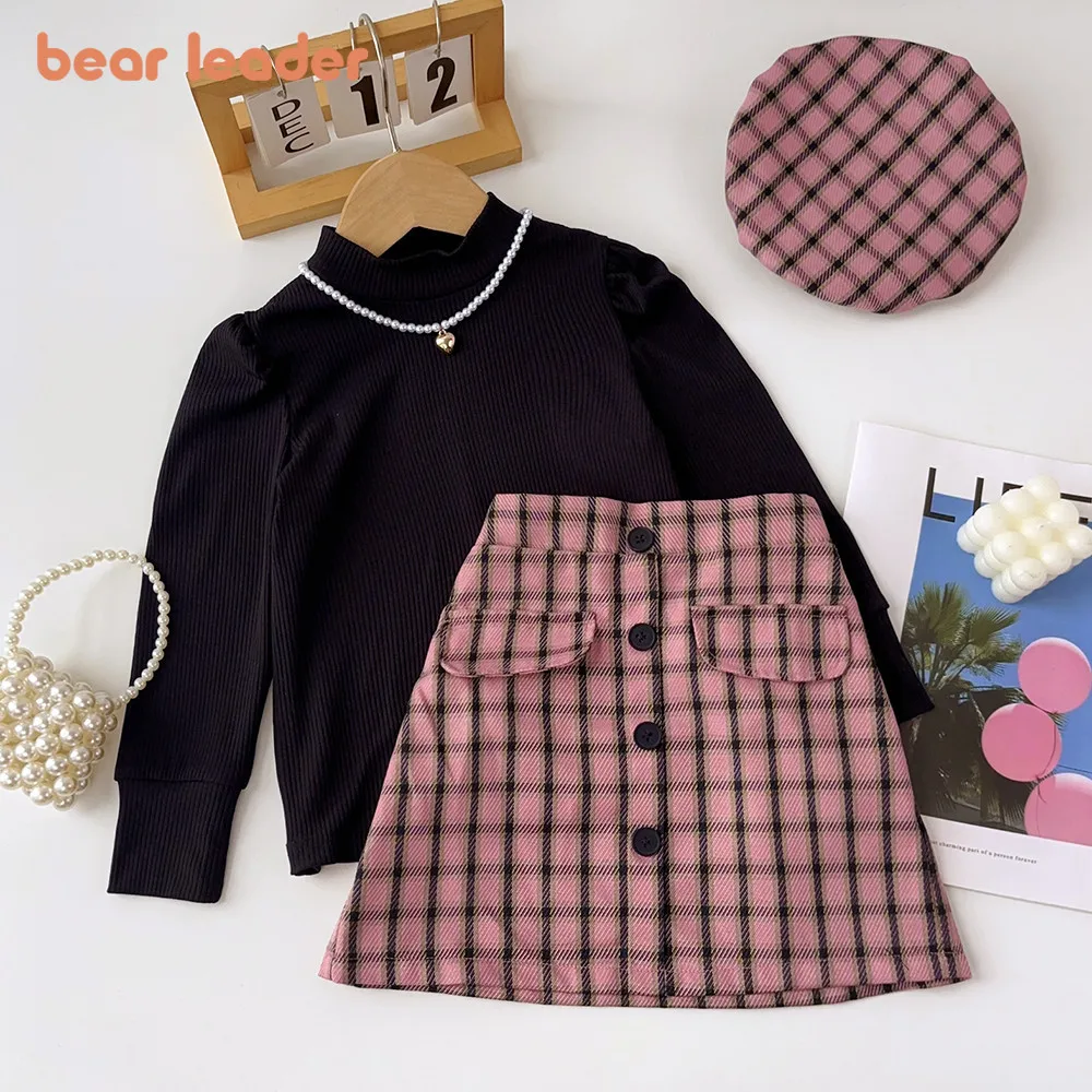 Bear Leader Autumn Girls Three Piece Clothes Set Solid Color High Neck Base Shirt+Plaid Skirt+Hat Suit Kids Clothing Outfits