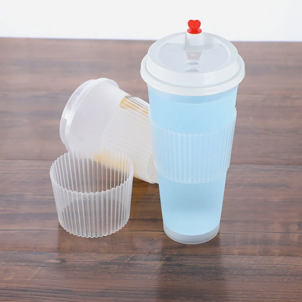 

100 Pcs Disposable Cup Sleeves Heat Insulation Anti Scald Cold Preservation Plastic Cover Milk Tea Bottle Holder Fashionable