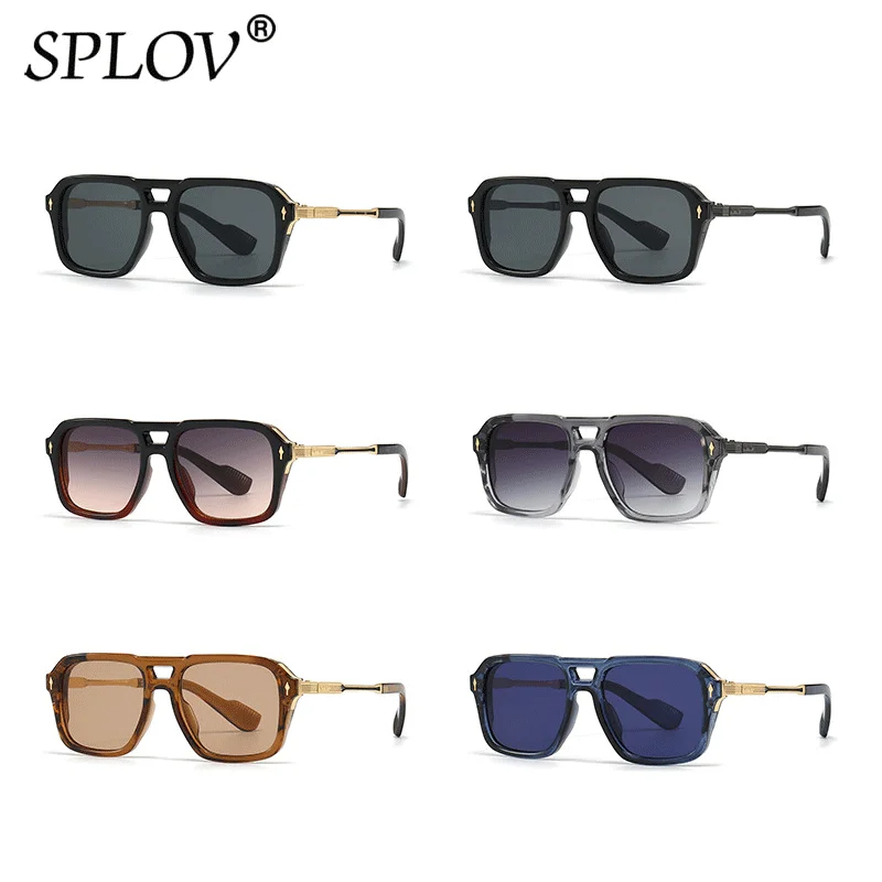 Fashion Square Sunglasses Retro Rivets Double Bridge Men Punk Gradient Glasses Vintage Rectangle Women Shades Ins Trendy UV400