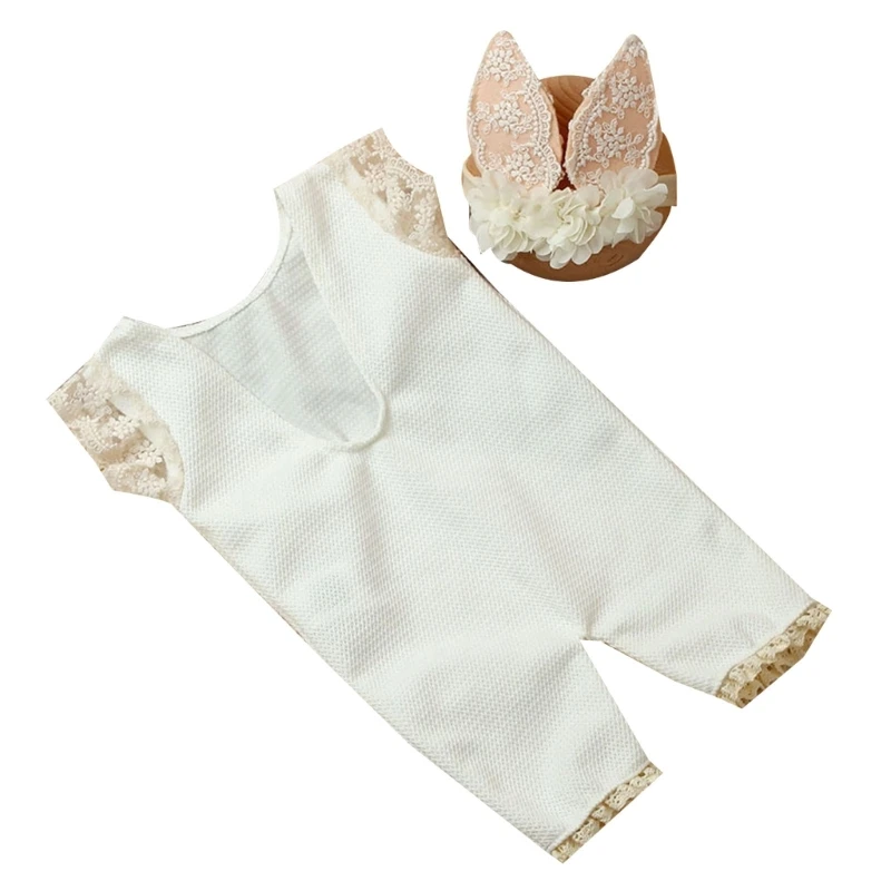 0-1M Newborn Photo Clothes Rabbit Ears Headdress Romper Set Girls Photo Costume