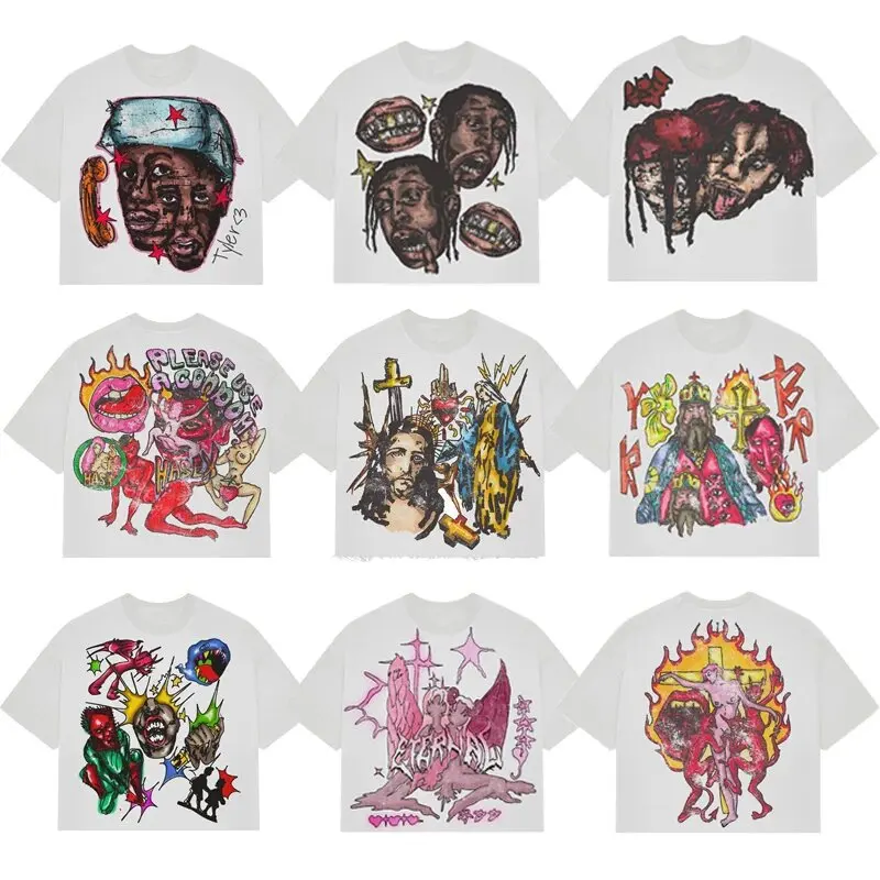 

Summer American Y2K Retro Hip-hop Pure Cotton T-shirt for Men Graffiti Graphic Printed Streetwear Oversized Gothic Anime Clothes