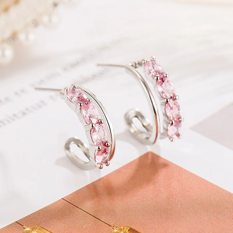 Sterling Silver Color Pink Zircon C Shape Ear-Sticks Women's Earrings Fashion Jewelry 2096