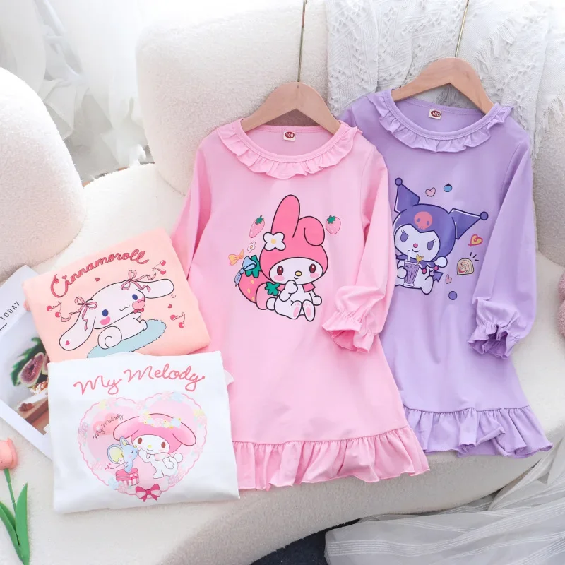 2024 Children Kuromi Anime Kawaii Cinnamoroll Sanrio Long Sleeve Shirt Dress Cute My Melody Princes Pajamas Skirt Girls Gifts