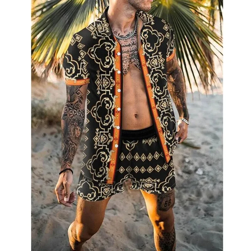 Men\'s Shirt Sets 3d Print Patchwork Lapel Short Sleeve Casual Shirt oversized Beach Shorts Summer Streetwear Hawaiian Suits