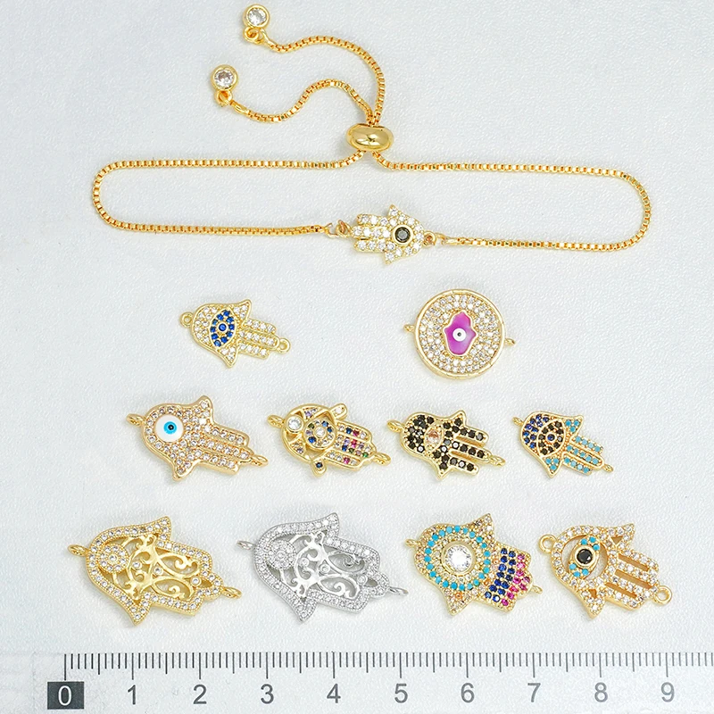 

5Pcs Brass Accessorie for Diy Bracelet Necklace Jewelry Making Palm Devil Eye Hollow Connectors Inlay Color Zircon Enamel Charm