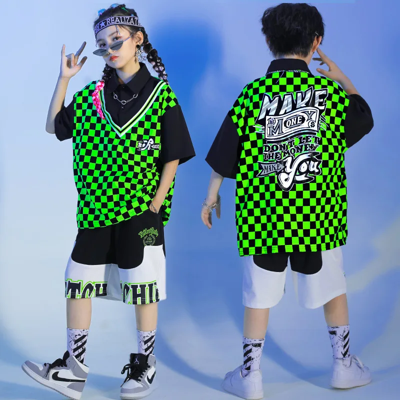 Kids Green Plaid Hip Hop Dance Outfit Boys Dancing Loose Handsome Costumes Girls Stage Catwalk Jazz Dance Clothes