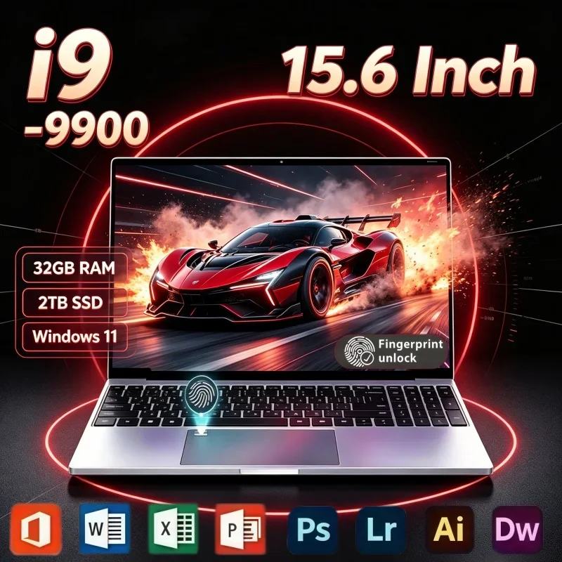 15.6" Ultra Slim Portable Laptop Intel I9 9900 32GB RAM 2TB SSD Windows11 Fingerprint Unlock For Study Office And Household Use
