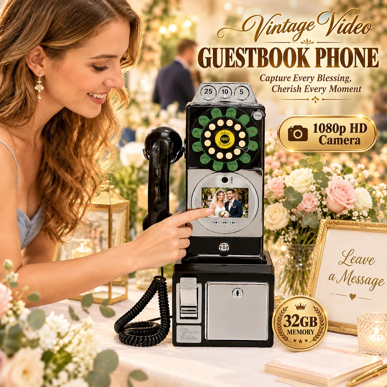 Image of Vintage-Video-Gästebuch-Telefon Hochzeits-Audio-Gästebuch-Telefon 1080P Video-Sprachrekorder 32GB Speicher Hochzeitsempfangsgeschenk