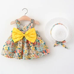 Conjuntos de 2 piezas de ropa de verano para niña pequeña, moda coreana, flores, bonito lazo, vestidos de princesa sin mangas + sombrero para el sol, vestido para niños, BC136