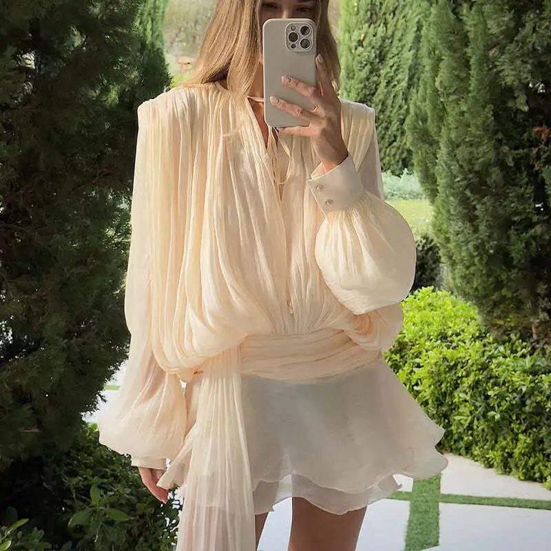 살구색 메쉬 여름 미니 드레스 여성 우아한 러플 슬림 A라인 셔츠 드레스 패션 긴팔 휴가 비치 드레스 2025
