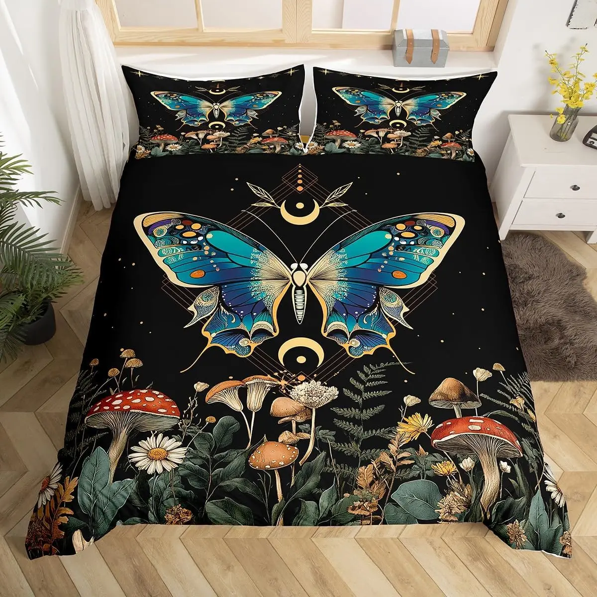 Boho Butterfly Duvet Cover Twin King,Star Moon Starry Sky Galaxy Bedding Set for Boy Girl,Cute Mushroom Daisy Flower Quilt Cover