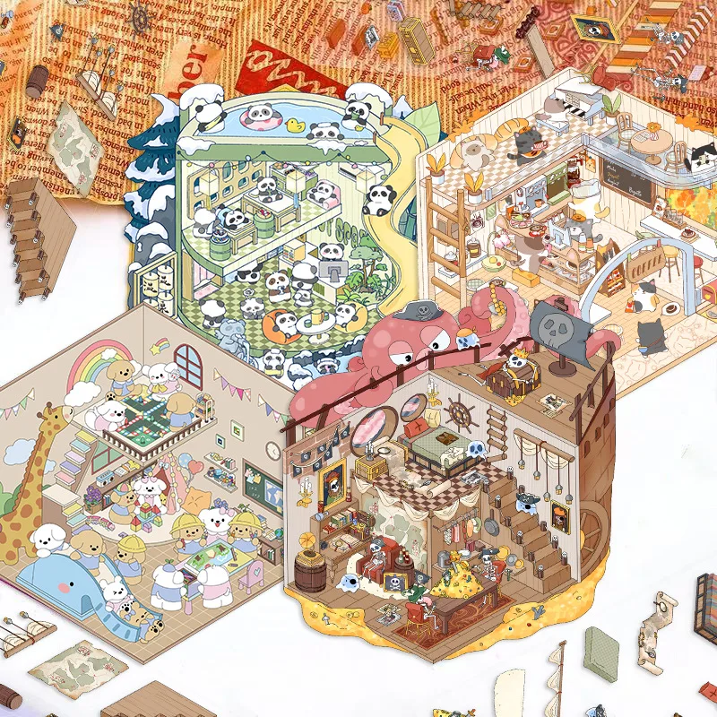 Cartoon Landscape Sticker Cute Miniature Scene DIY Hand Account Sticker 3D Simulation House Stationery Stickers for Scrapbooking