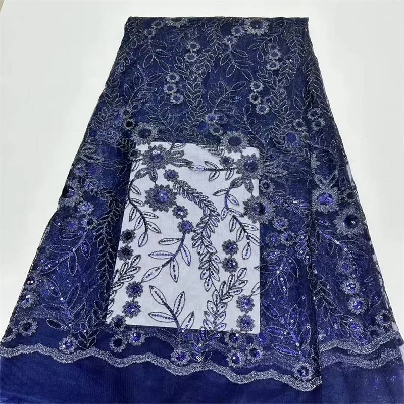 Lace Fabric Navy Blue African Sequins Tulle Embroidery French Mesh Net Laces For Sewing Wedding Party Dresses High Quality 2024