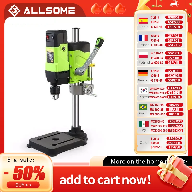 Allsome BG-5167 Bench Drill Press,Variable Speed Benchtop Drill Machine,6-Speed,Green