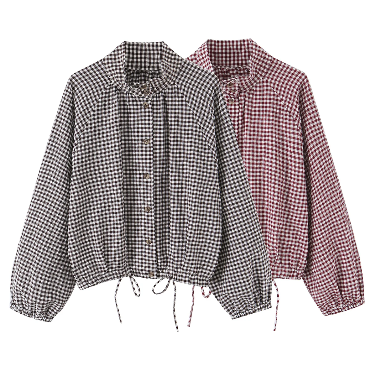 BSAY New Ladies Cropped Gingham Plaid Outerwear Stand Collar Long Puff Sleeve Button Up Drawstring Hem Casual Loose Check Jacket