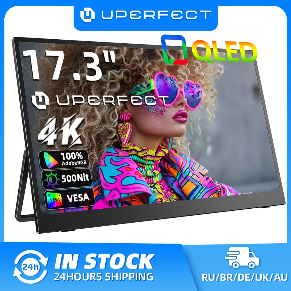 Monitor portátil UPERFECT UColor J5 4K de 17,3", 100 % Adobe RGB UHD, FreeSync HDR, con altavoces, pantalla de viaje Eye Care para PS5/4, computadora de escritorio, portátil y teléfono.