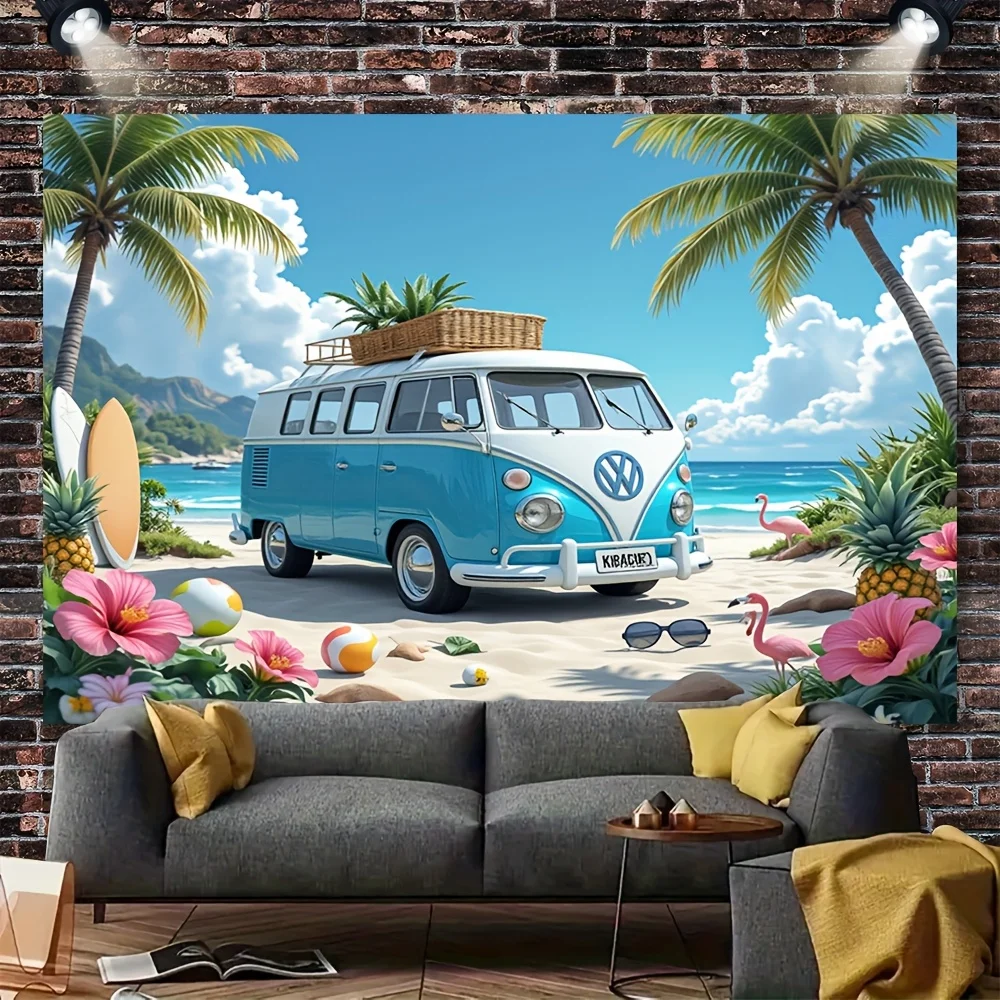 Tapestry Blanket Tapestry Anime Tropical Beach Van Summer Scene Palm Trees Surfboard Home Decor Room Decoration 128 characters